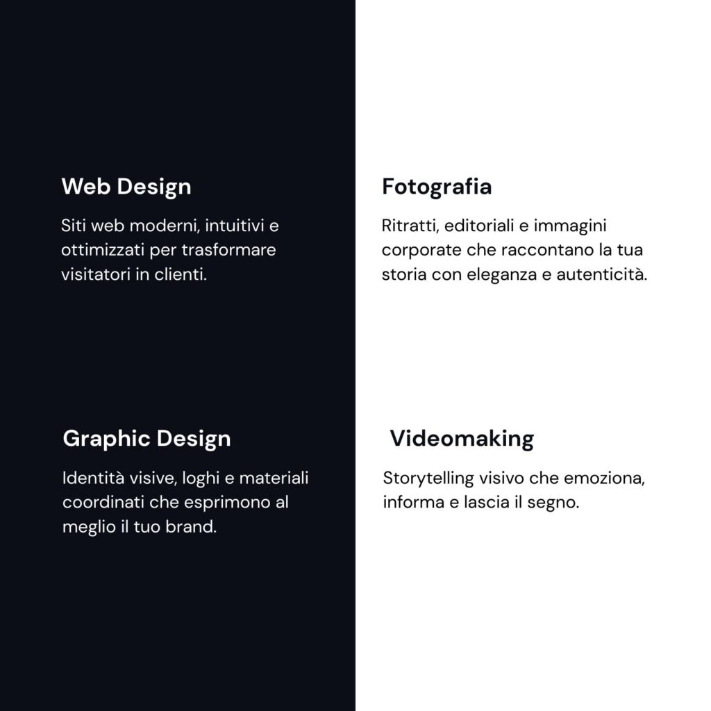 Tabella con i servizi offerti da dm+ studio: web design, fotografia, graphic design e videomaking