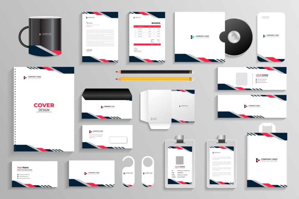 Mockup di identità visiva aziendale con elementi coordinati: carta intestata, biglietti da visita, packaging, tazze e materiali promozionali, dal design moderno e professionale. dmplus. dm+. Damiano Macaluso
