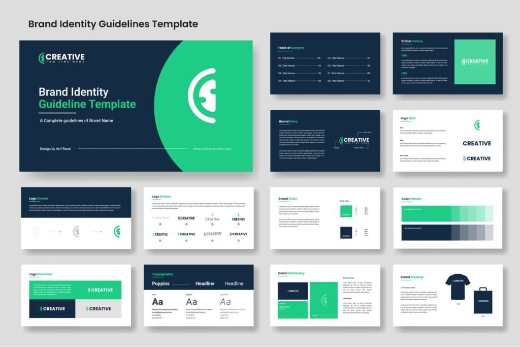 Template visivo di linee guida per brand identity con palette colori, tipografia, logo grid, storia del brand e mockup coordinati su diversi supporti. dmplus. dm+. Damiano Macaluso