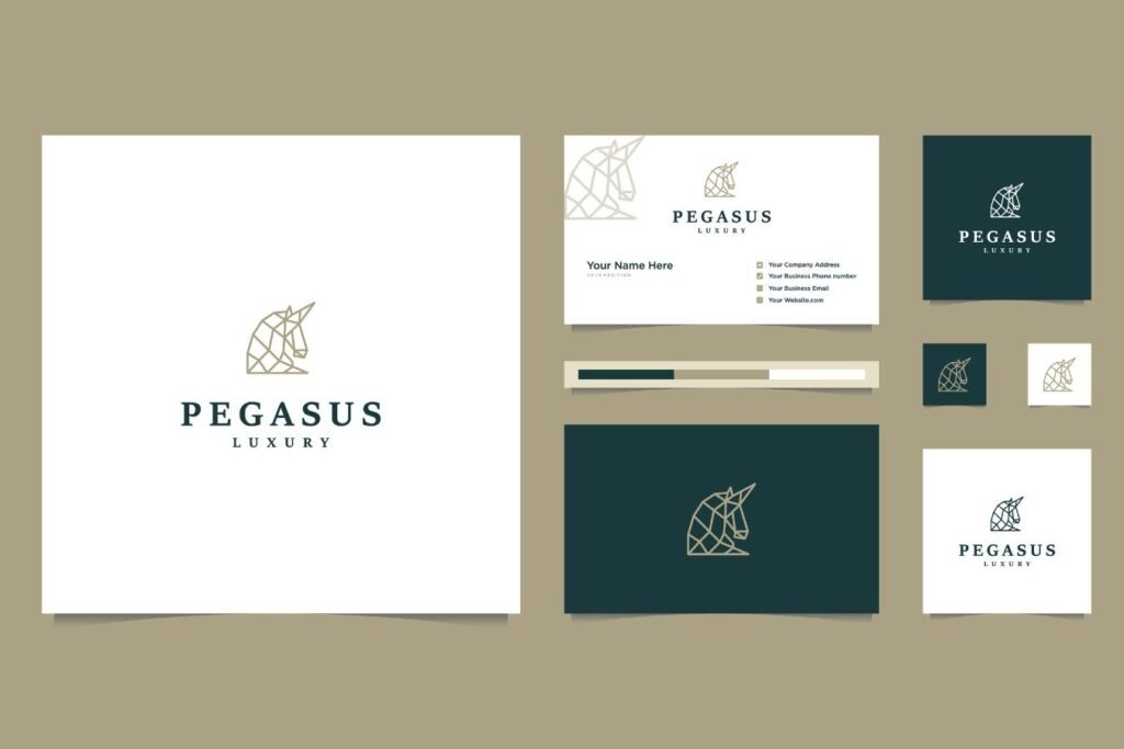 Visual di identità aziendale per il brand Pegasus Luxury con logo geometrico di unicorno, palette colori, biglietti da visita e materiale coordinato su sfondo beige e verde petrolio. dmplus. dm+. Damiano Macaluso