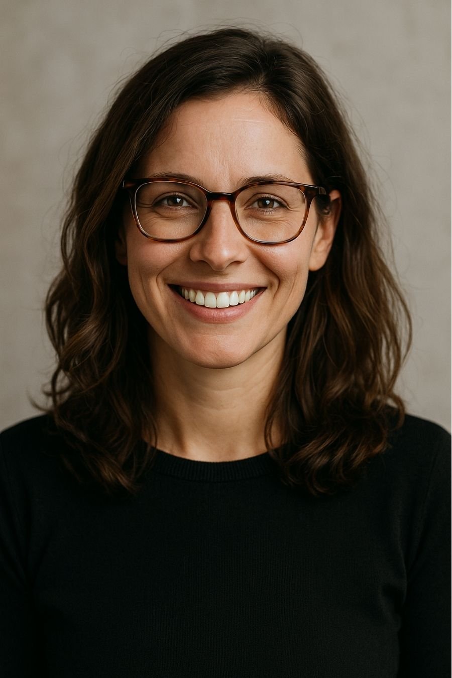 Ritratto di Francesca Bianchi, brand manager sorridente, con occhiali e look professionale, cliente soddisfatta del lavoro di identit&agrave; visiva realizzato da dm+ studio. Damiano Macaluso