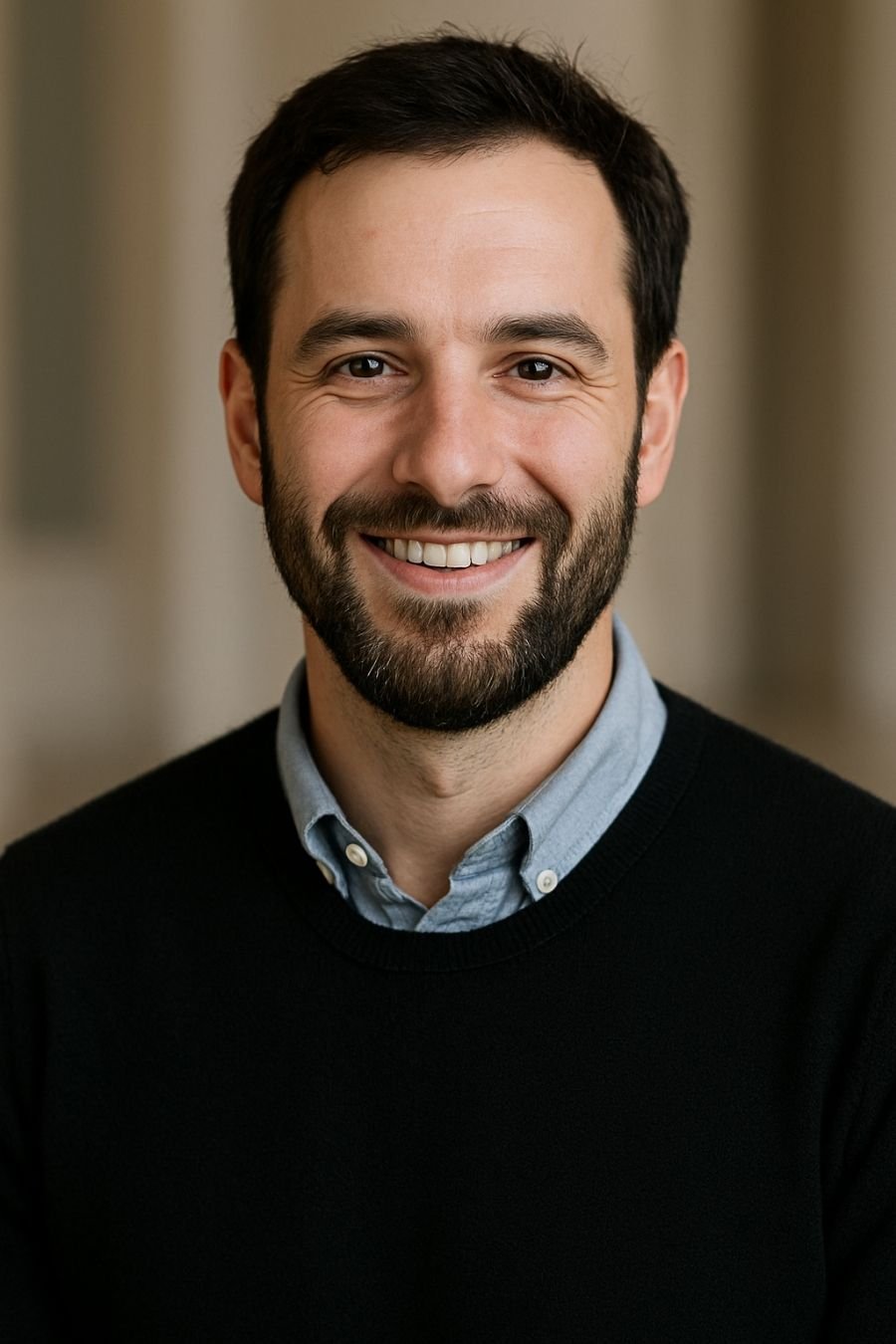 Luca Ferraro, fotografo professionista con barba curata e sorriso autentico, recensisce con entusiasmo il sito web elegante e funzionale realizzato da dm+ studio. Damiano Macaluso