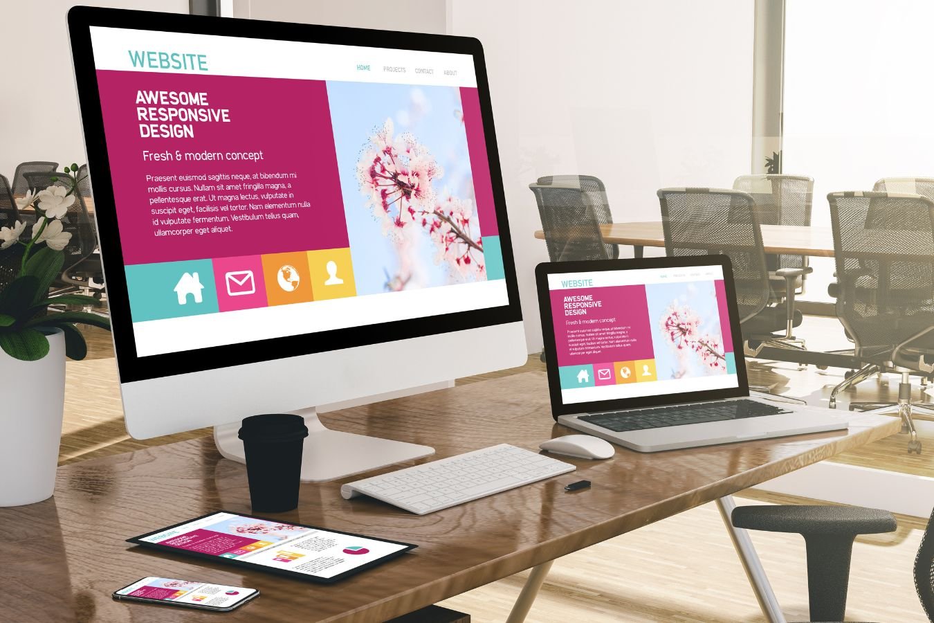 Servizi Mockup di sito web responsive visualizzato su desktop, laptop, tablet e smartphone all’interno di un moderno ufficio con tavolo in legno, tastiera e tazza da caffè. - dmplus. dm+. Damiano Macaluso