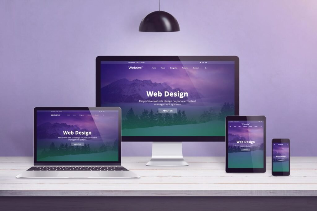 Mockup responsive di un sito web visualizzato su computer, laptop, tablet e smartphone, con design moderno e interfaccia intuitiva su sfondo viola e verde. dmplus. dm+. Damiano Macaluso