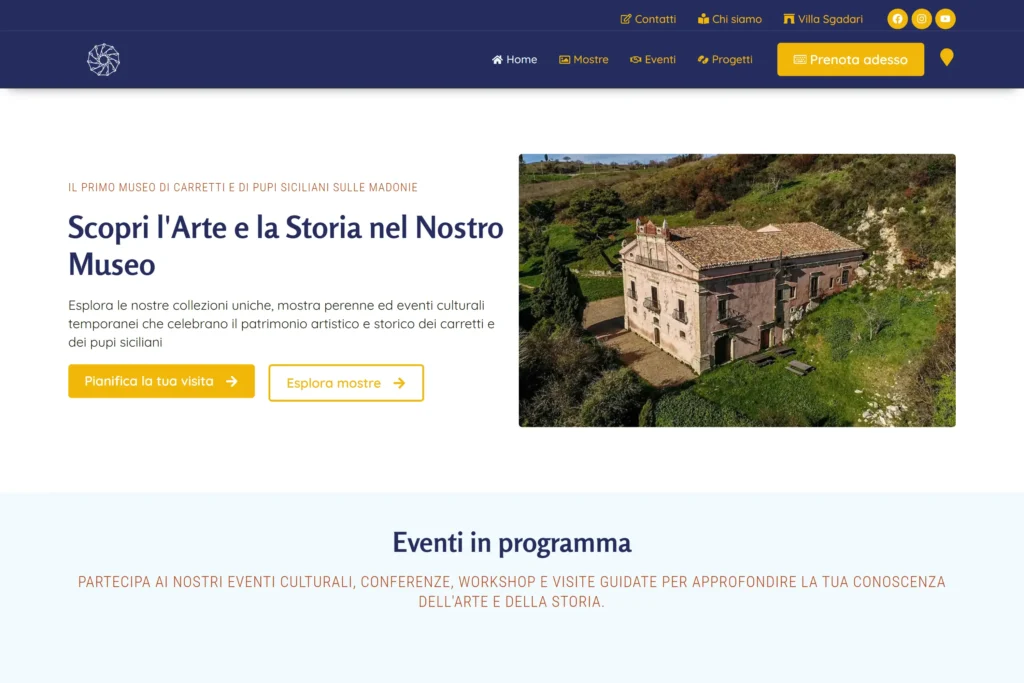 Sito web del Museo del carretto delle Madonie, con la villa del museo e un’interfaccia moderna e accessibile