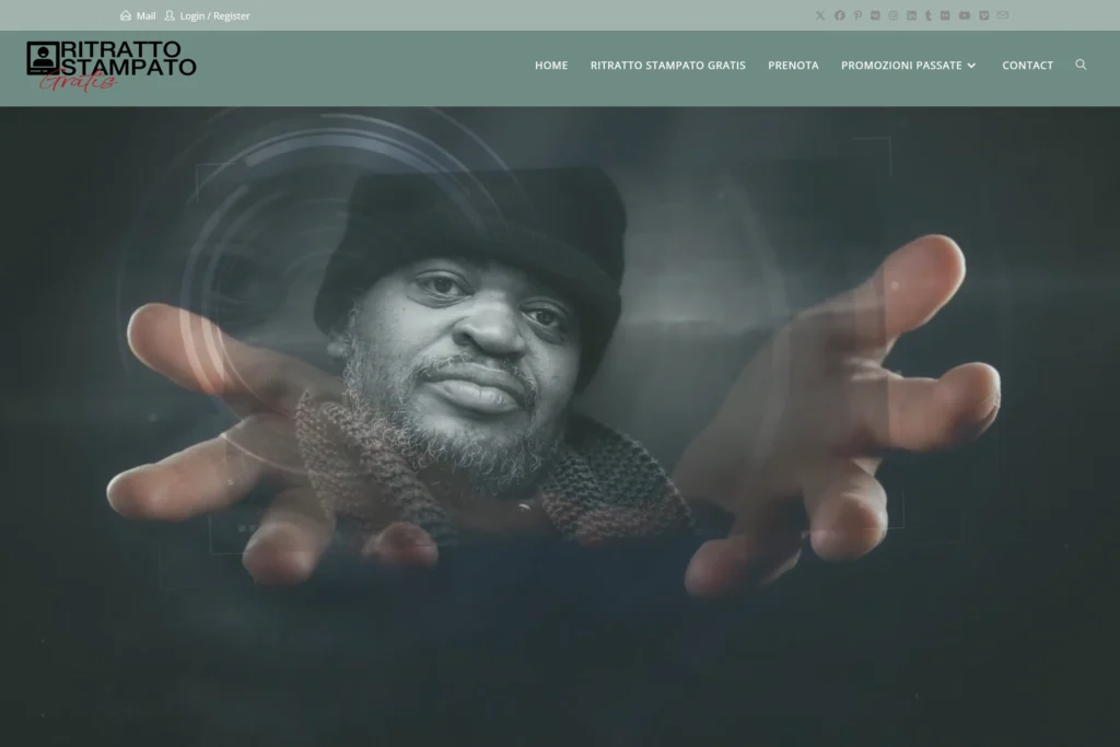 Sito web dell’iniziativa “Ritratto stampato gratis”, con un ritratto fotografico in primo piano